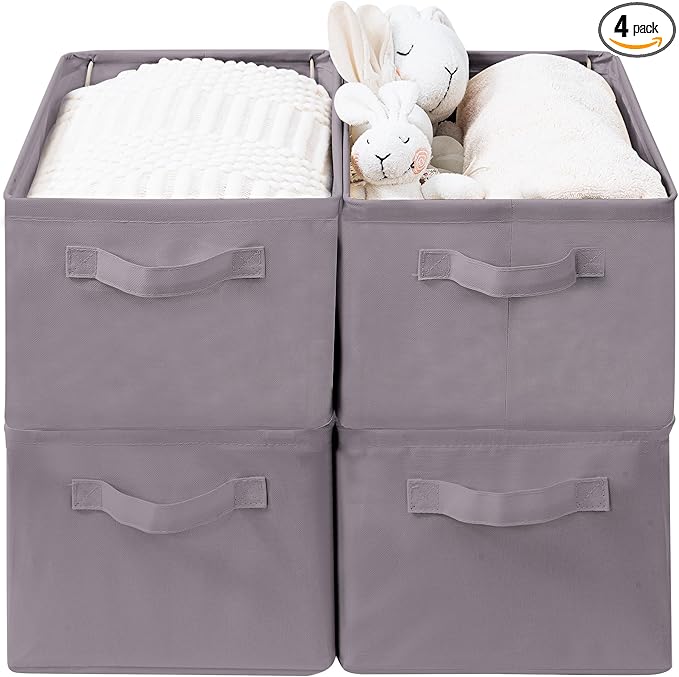 Storage Basket Bins with Metal Frame, Large Collapsible Fabric Storage Baskets for Organizing Shelf, Basket Organizer W/Handles for Blankets, Towels, Laundry, Shelves, 4-Pack, Gray
