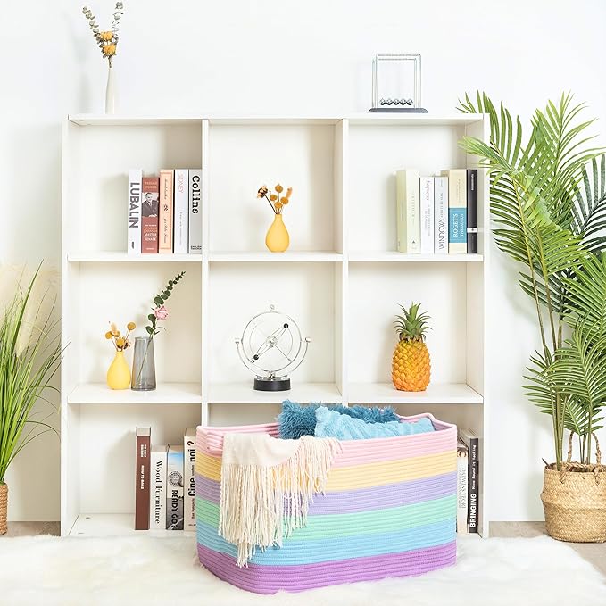 MINTWOOD Design 22in Extra Large Blanket Basket Holder Living Room, Rectangle Rope Woven Storage Basket with Handles for Laundry, Pool Towels, and Shoes, Dog Toy Organizer Bin Box, Pastel Rainbow