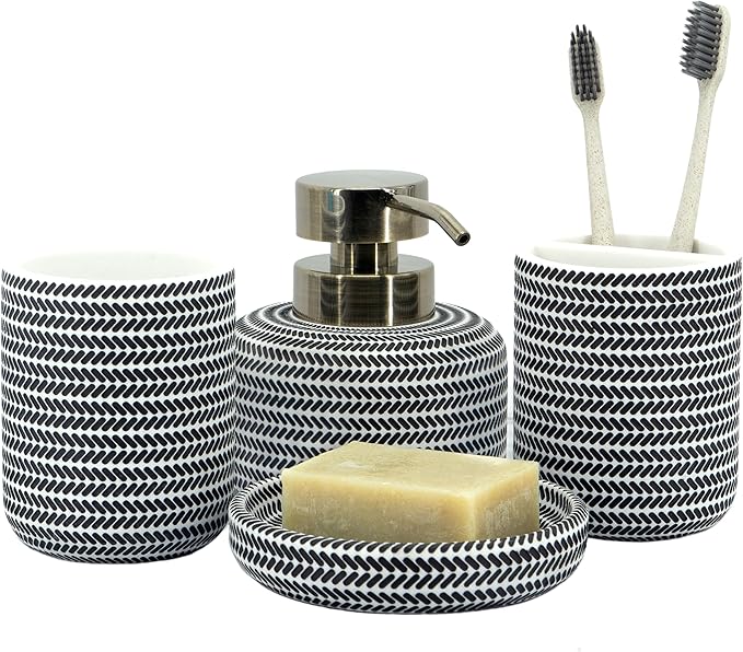 ZCCZ Black and White Bathroom Accessories Set, 4 Pieces - Toothbrush Holder, Soap Dispenser, Vanity Tray, Tumbler - Countertop Organizer for Bathroom Decor - Modern Accessory Set for Home and Office