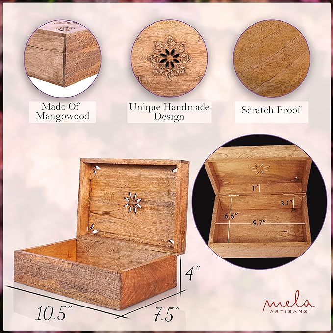 Mela Artisans Wooden Keepsake Box | Light Burnt Mango Wood Memory box | Photo Storage Box with Hinged Lid | Decorative Storage Box | Extra Large | 10.5x7.5x4 Inch