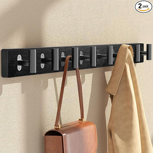 2 Pack Coat Rack Wall Mount, Black Coat Hooks Wall Mounted with 8 Metal Heavy Duty T Shaped Hooks, Pine Soild Wood Large Coat Hanger for Entryway, Living Room, Bathroom (32.3")