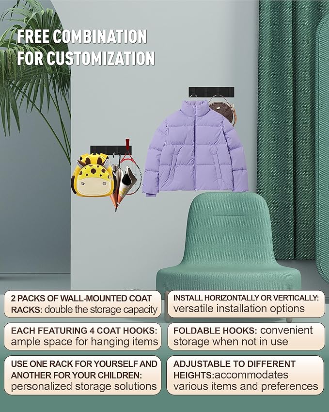 2 Pack，Elegant Black Waterproof Wall Hooks, Foldable Towel Hooks for Bathrooms - Stylish Coat Hooks Wall Mounted - Ideal for Bathroom, Kitchen, Balcony Décor - Space-Saving Storage Solution