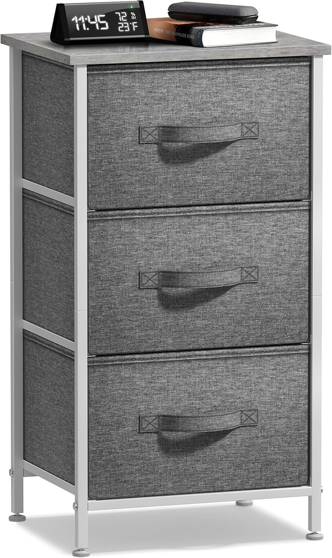 Sorbus Nightstand with 3 Drawers - Bedside Furniture & Night Stand End Table Dresser with Steel Frame, Wood Top, Easy Pull Fabric Bins for Home, Bedroom Accessories, Office & Dorm
