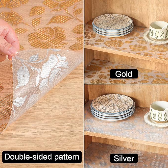 INNOLITES Shelf Liner for Cabinets, Non-Adhesive for Kitchen Drawer Liner, Waterproof Shelf Paper with Floral Pattern, Durable Easy to Clean (Golden Rose, 23.6" x 120")