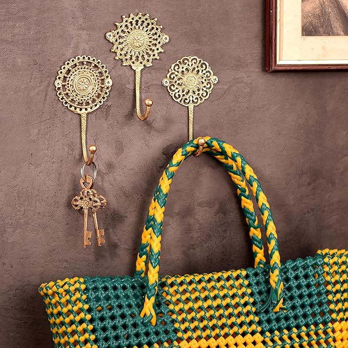 Indian Shelf 3 Brass Gold Decorative Wall Hooks Boho Key Holder Wall Mount- Shabby Chic- Unique Coat Rack- Gold Vintage Hooks for Hanging- Hat Rack- Towel Holder- Purse Hanger