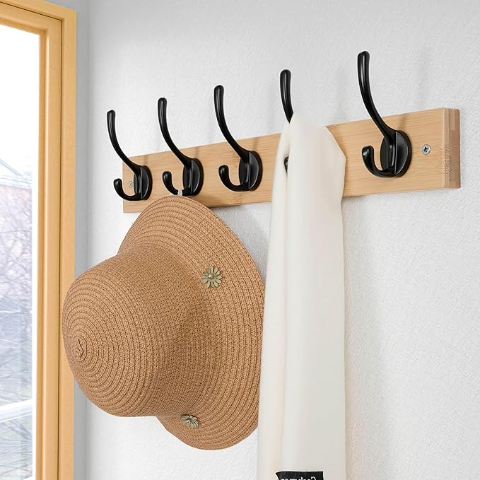 Dseap Wall Mounted Coat Rack: 16" Hole to Hole, Coat Hook Hanger with 5 Metal Hooks for Hanging Coats Towels Hats Clothes, Natural & Black