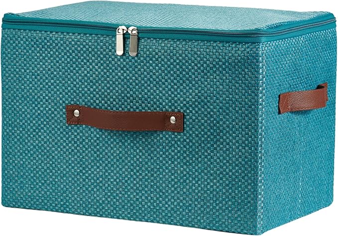 Storage Bins with Lid Fabric Storage Box Basket PU Leather Handle Textured Woven Cotton Linen Decorative Foldable Washable Shelf Closet Organizer Container (Zipper Lid, Blue, Large)