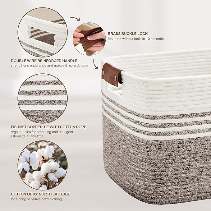 86L Extra Large Laundry Basket with Leather Handles for Living Room Storage, Woven Rope Baskets for Blanket, Kids Toy, Gifts, Wicker Hamper for Bedroom Dirty Clothes, 24"x16"x14" Dark Brown