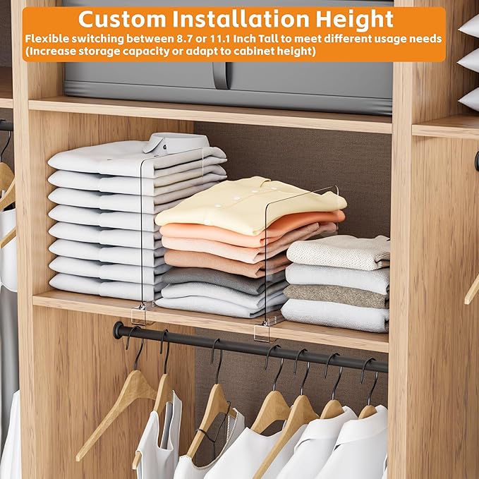Yieach 10 Pack Towel,Sweater,Purse Organizer and Acrylic Shelf Dividers for Closet Organization - Adjustable Height - Vertical Shelf Separators for T Shirt,Clear Closet Shelf Divider for Wood Shelves