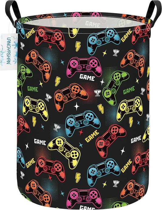LANGYASHAN Laundry Basket Canvas Fabric Collapsible Organizer Basket for Storage Bin Toy Bins Gift Baskets Bedroom Clothes Children Nursery Hamper (Game)