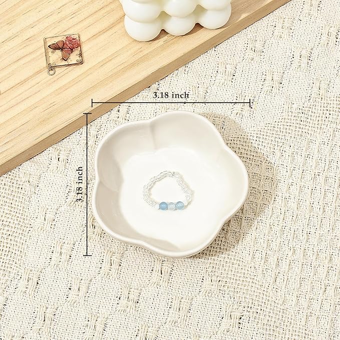 Koythin 2-Piece Small Trinket Dish, Ceramic Jewelry Ring Dish, Flower Key Holder Bowl for Women, Decorative Plate Tray for Dresser, Home Decor Organizer Trinket Tray (Five Petal Flower, White)