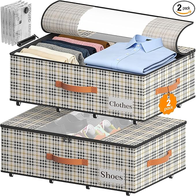 2-Pack Under Bed Storage Bins with Wheels and 4 Vacuum Seal Bags, Heavy Duty 80lbs Capacity,7.9 Inch Clear Lid Organizer for Dorm Bedroom Clothes Shoes Toys,Quick Assembly Space Saver Houndstooth