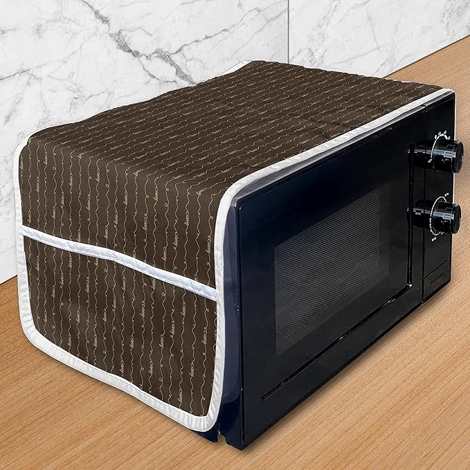 Ambesonne Brown Microwave Oven Cover, Dark Brown Backdrop Image with Letterings Hope Love Fun Happy, Water Resistant Organizer with Pockets for Kitchen, 36" x 12", Brown Cream