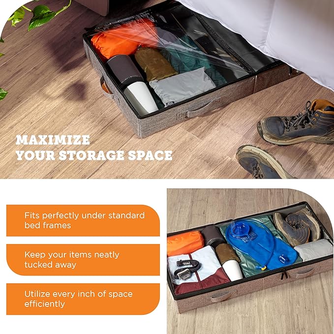 storageLAB Under Bed Storage Containers, Low Profile Underbed Organizers with Sturdy Handles, Dual Zippers, and Clear Windows, Ideal for Clothes, Pillows, and Blankets - 2 Pack, Low Profile, Gray