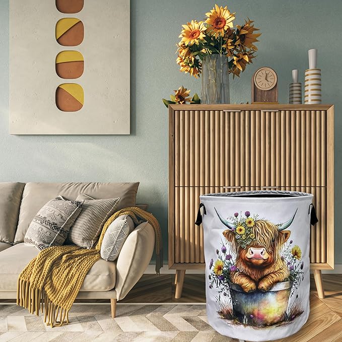 Cute Highland Cow Laundry Basket Foldable With Handles Funny Tote Bag Oxford Cloth Laundry Hamper Clothes Storage Bucket Toy Organizer 18.9" x 16.5" For Bathroom/Laundry/Bedroom