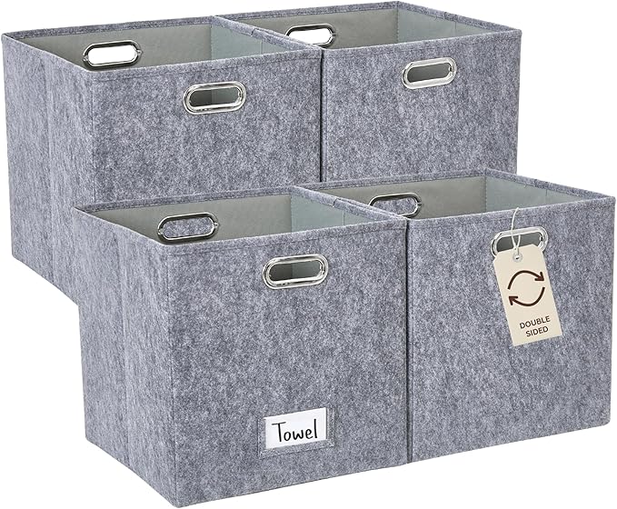 DECOMOMO Felt Storage Bins, 13 inch Cube Storage Bins with Labels for Organization (Cube 13" / 4pcs, Dark Grey)