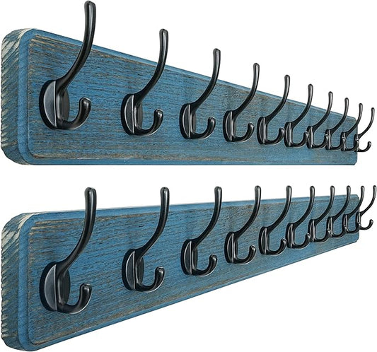 Dseap Coat Rack Wall: 38-1/4" Long, Patented, Heavy-Duty, 10-Double-Hooks Wooden Wall Mounted Coat Rack Coat Hanger Hook Rail for Winter Coats Hat Jacket Clothing, Weathered Blue, Pack of 2