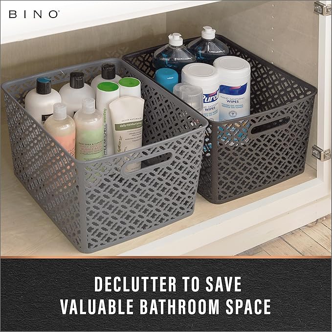 BINO l Plastic Storage Baskets, XLarge - White l THE BLOSSOM COLLECTION l Multi-Use Organizer Bin l Built-in Handles l Plastic Woven Basket for Organizing l Pantry & Home Organizing Basket