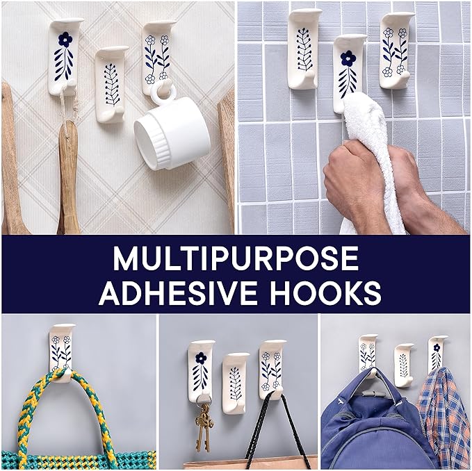 Indian Shelf Boho Ceramic Adhesive Wall Hooks - Damage-Free Decorative Blue Pottery Hangers for Keys & Towels, Renter-Friendly Stick-On Home Décor - 3 Hooks with 6 Strips(Style 1)