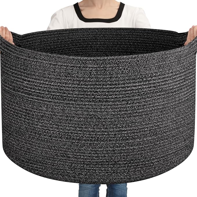 Large Woven Baskets for Storage, 23.6" x 23.6" x 14.6" Blanket Storage Living Room, Baby Toy Basket for Clothes, Pillows, Towels, Shoe Basket for Entryway (Black)