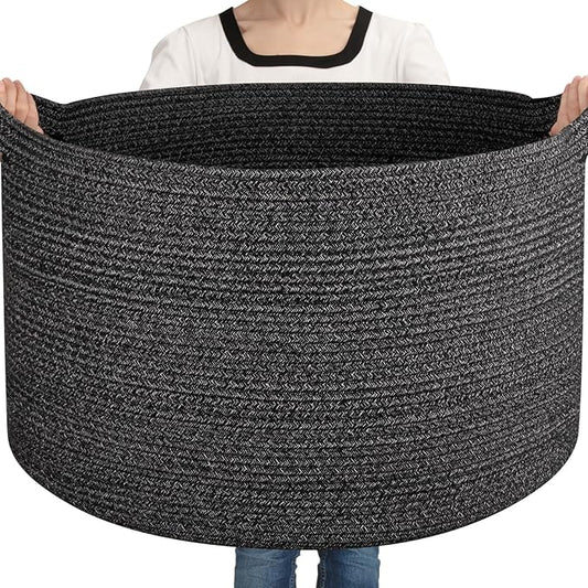 Large Woven Baskets for Storage, 23.6" x 23.6" x 14.6" Blanket Storage Living Room, Baby Toy Basket for Clothes, Pillows, Towels, Shoe Basket for Entryway (Black)