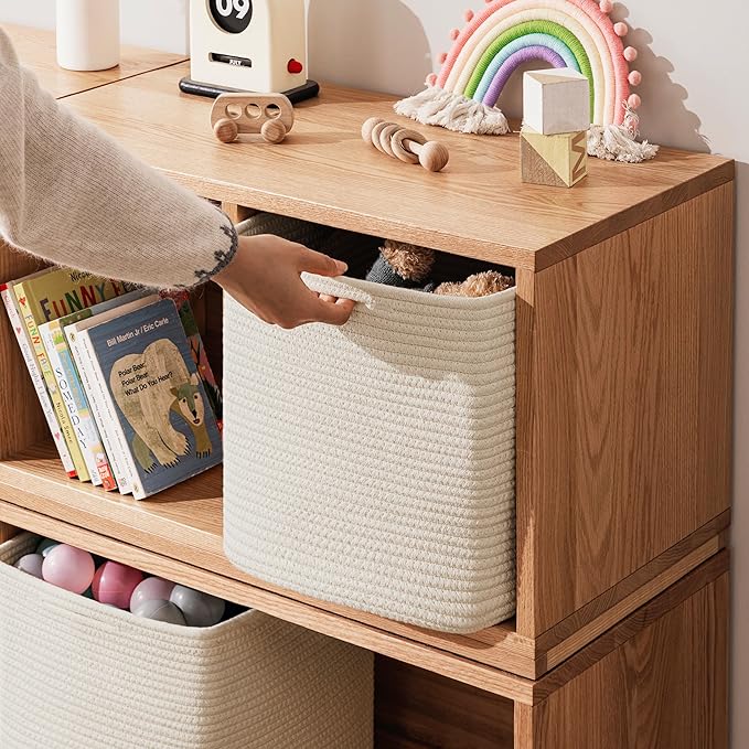 joybest 13x13x13 Inch Cube Storage Bins Set of 4, Cotton Rope Woven Organizer Basket for Shelves, Cube Bin Square Shelves Organizer Closet Storage, Nursery, Toy Organization, Beige