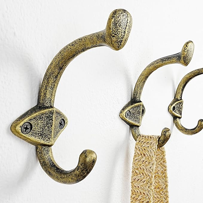 Dseap Cast Iron Wall Hooks L=5”, Heavy Duty Coat Hooks, Rustic Vintage Farmhouse Hook for Hanging Winter Coats Jackets Towels Hats Bags Plants, Antique Black& Gold, Pack of 5 (ShieldBold)