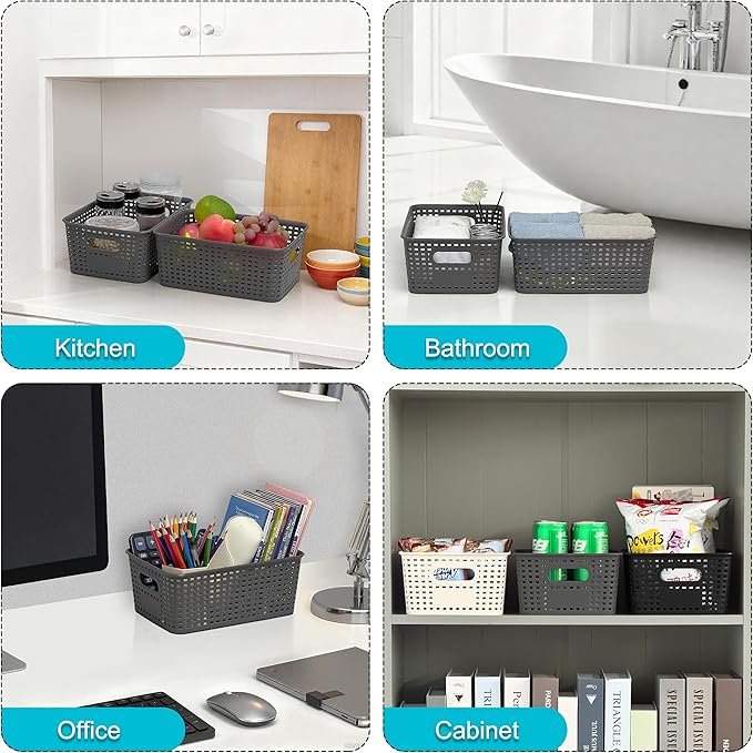 Soddeph 3 Pack Plastic Storage Baskets with Handles,Stackable Organizer Bins for Closet, Bathroom, Kitchen, Office, Shelf and Cabinet Organization (Gray, Grid-3PACK)