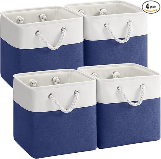 12 x 12 Inch Cube Storage Bins, 4 Pack Fabric Storage Basket with Handles, Foldable Boxes Organizer for Shelf Baskets for Home, Clothes (White/Blue)