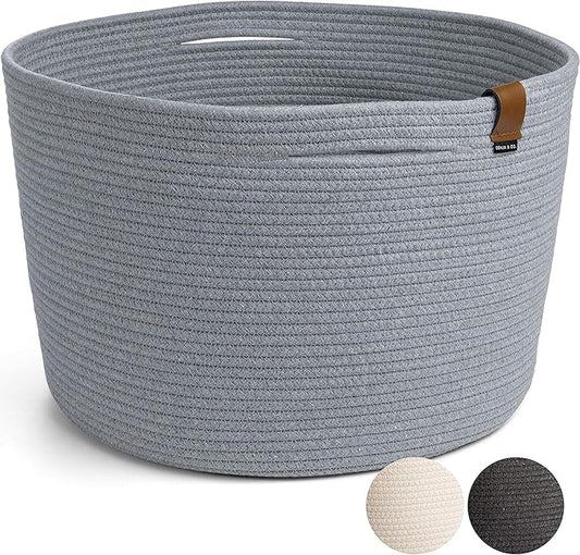 DENJA & CO Large Blanket Basket for Living Room - Decorative Woven Baskets for Storage | Cotton Rope Large Baskets for Blankets, Pillows, Toys, or Laundry | Light Gray (17.7" Wide x 11.4" Tall)