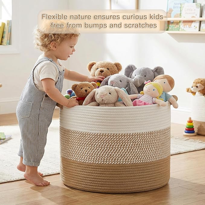 70L Large Cotton Rope Basket, Decorative Woven Blanket Storage for Living Room, Boho Toy Storage & Toy Box for Kids, Versatile Laundry Basket & Nursery Hamper for Blankets(Brown)