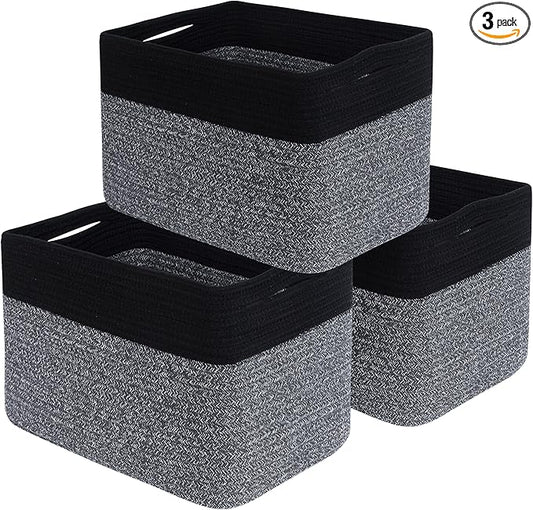 MINTWOOD Design 3-Pack Storage Baskets for Shelves, Playroom and Classroom Storage Basket, Book Basket, Decorative Storage Cube Bins, Woven Closet Organizers, Pantry and Shoe Organizer, Black Grey Mix