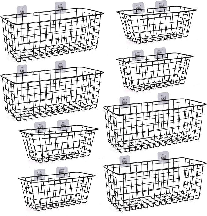 8 Pack Wire Storage Baskets Household Metal Wall-Mounted Containers Organizer Bins for Kitchen Bathroom Freezer Pantry Closet Laundry Room Cabinets Garage Shelf, 4 Large 4 Medium
