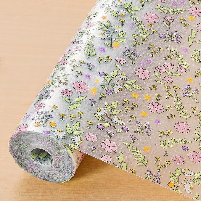 INNOLITES Shelf Liners for Kitchen Cabinets Non-Adhesive Drawer Liner with Floral, Waterproof Durable Easy to Clean, for Refrigerator, Shelves (Pink Purple Rose, 23.6" x 360")