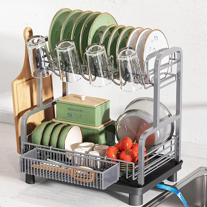 2 Tier Stainless Steel Large Capacity Dish Drainers Drying Rack for Kitchen Counter, Metal Gray Rust Proof Plate Strainers Holder On Countertop with Drainboard Tray, Space Saving, Aesthetic Modern