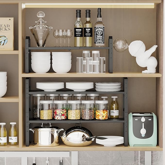 Expandable Shelf for Cabinet Organizer Adjustable Stackable Spice Rack at Kitchen and Bathroom More,Metal Plate with Hole (2 Packs/Black, Large)