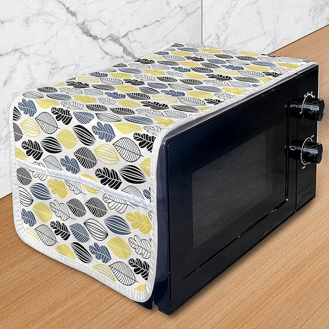 Ambesonne Autumn Microwave Oven Cover, Continuous Pattern of Abstract Leaves, Water Resistant Organizer with Pockets for Kitchen, 36" x 12", Yellow Black