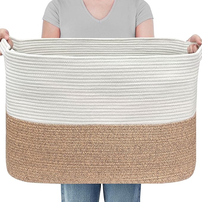 108L Super Large Blanket Basket, 25" x 16" x 16" Woven Jumbo Basket for Blankets, Toys, Laundry, Extra Large Cotton Rope Pillow Holder Organizer, Entryway Shoes Bin, Living Room Storage