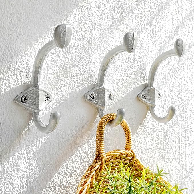 Dseap Cast Iron Wall Hooks, Heavy Duty Coat Hooks, Rustic Vintage Farmhouse Hook for Hanging Winter Coats Jackets Towels Hats Bags Plants, Silver, Pack of 5 (ShldCast)
