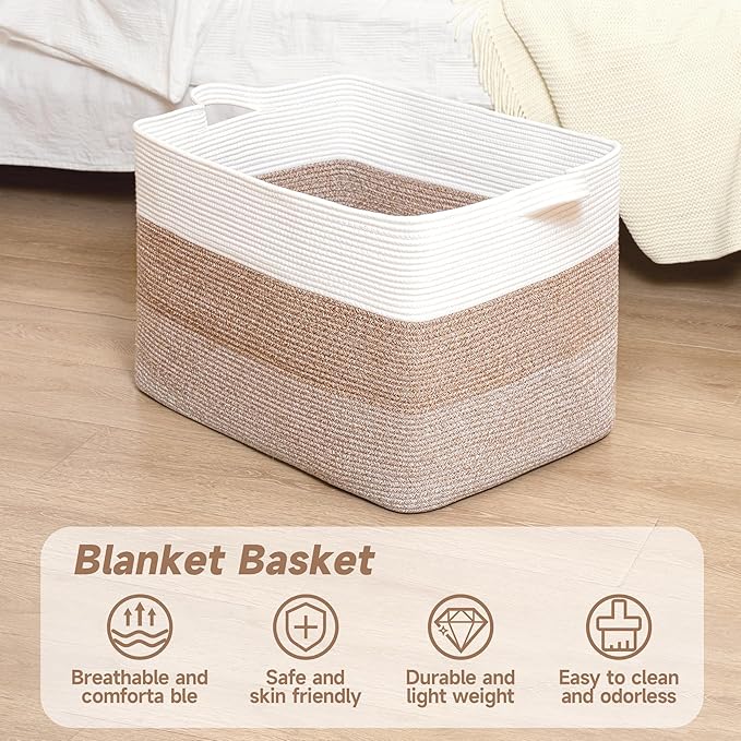CLHMILY&Z Stylish Square Cotton Rope Storage Basket (Brown & White, 110L)