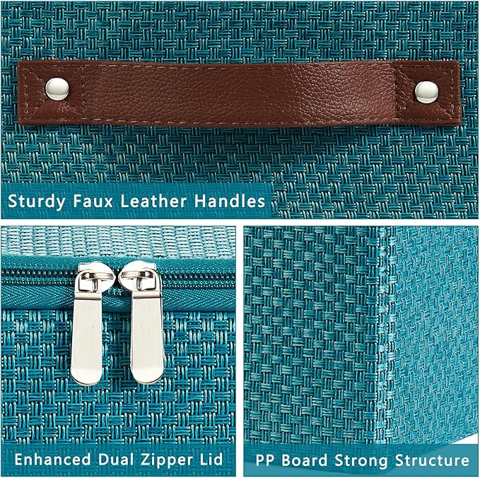 2PCS Storage Bins with Lid Fabric Storage Box Basket PU Leather Handle Textured Woven Cotton Linen Decorative Foldable Washable Shelf Closet Organizer Container (Zipper Lid, Blue, Small)
