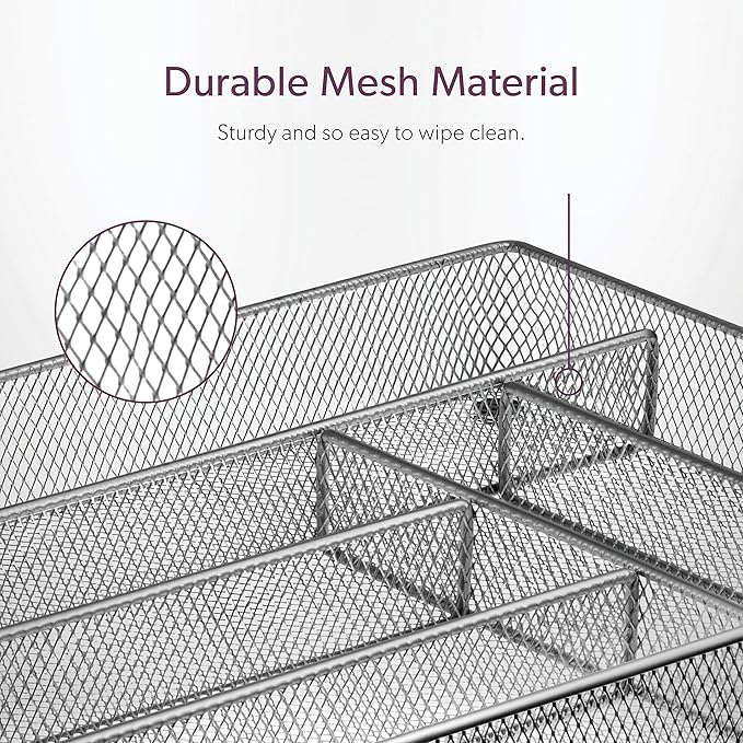 Mindspace Cutlery Organizer Silverware Tray with 6 Compartments | Kitchen Utensil Drawer Organizer | Silverware Tray for Drawer | The Mesh Collection, Silver