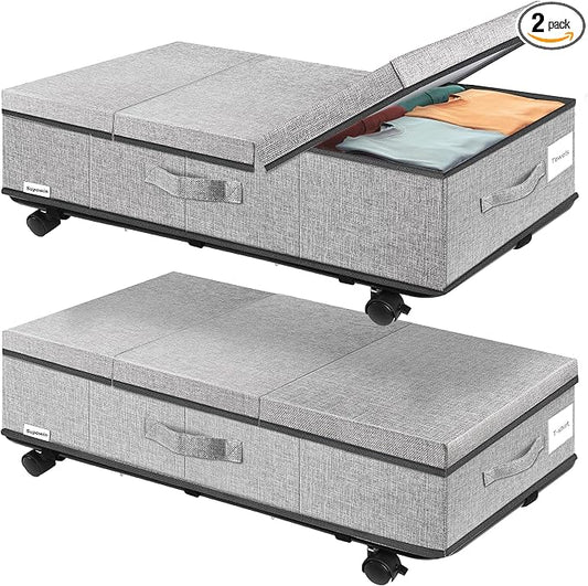 Under Bed Storage with Wheels, Rolling Underbed Storage Containers with Lids, Under Bed Shoe Storage Bins Organizer with Reinforced Metal Bottom Support and Three Handles