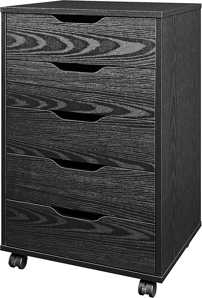 Panana 5/7 Drawer Chest, Wooden Tall Dresser Storage Dresser Cabinet with Wheels, Office Organization and Storage, Bedroom Furniture (Black, 5 Drawer)