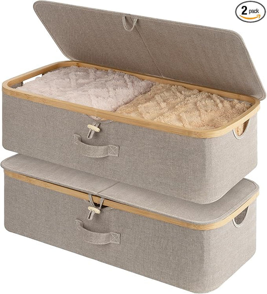 StorageWorks 2-Pack Underbed Storage Box with Bamboo Frame, 42L Flip-Top Under Bed Container for Blankets, Bed Sheets, Coverlets and Towels, Taupe