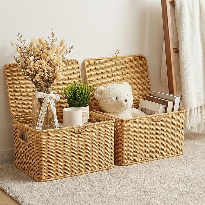 Nonam Wicket Basket with Lid, Large Shelf Baskets for Boho Deco, Plastic Storage Organizer Bins-Stackable Containers Boxes for Home & Office Shelves, Kitchen, Garage and Bathroom Organization, Natural