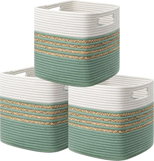 UBBCARE Set of 3 Storage Cubes 13 X 13 X 13 in, Water Hyacinth Storage Bins for Shelves, Toys, Book, Storage Baskets with Handles, Cotton Rope Woven Baskets for Organizing, Green
