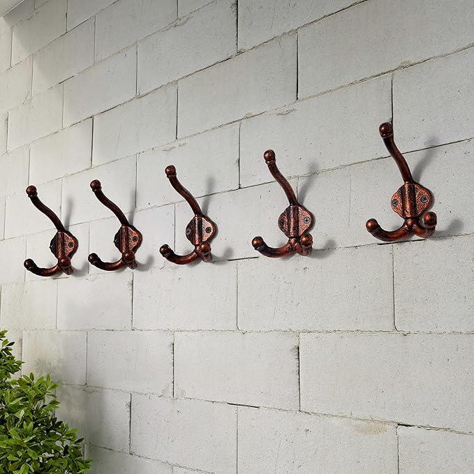 Dseap Cast Iron Wall Hooks L=5”, Heavy Duty Coat Hooks, Rustic Vintage Farmhouse Hook for Hanging Winter Coats Jackets Towels Hats Bags Plants, Antique Copper, Pack of 5 (GripBold)