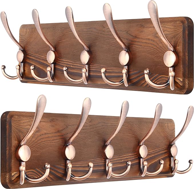 SKOLOO Coat Rack Wall Mounted - Pack of 2, Wooden, Heavy Duty, Rustic Coat Hooks for Wall, Wall Coat Rack with 5 Triple Hooks for Hanging Clothes, Jacket, Hat(Brown & Retro Red)