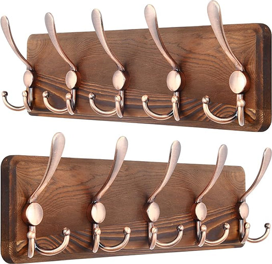 SKOLOO Coat Rack Wall Mounted - Pack of 2, Wooden, Heavy Duty, Rustic Coat Hooks for Wall, Wall Coat Rack with 5 Triple Hooks for Hanging Clothes, Jacket, Hat(Brown & Retro Red)